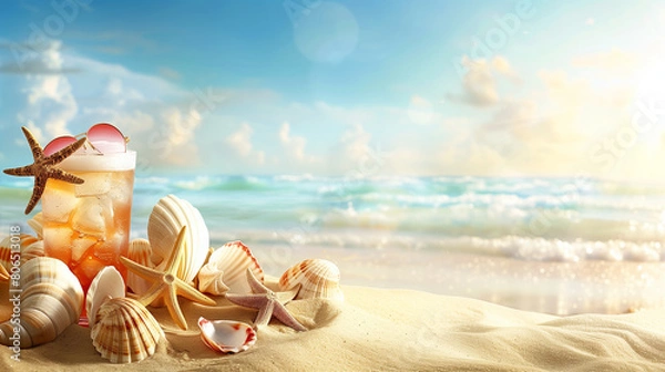 Obraz Sand dunes on seaside shells, sandals, sunglasses, cocktail, background, beach