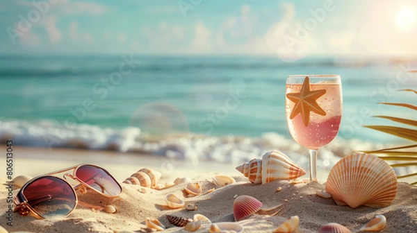 Obraz Sand dunes on seaside shells, sandals, sunglasses, cocktail, background, beach