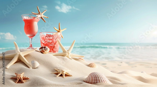 Obraz Sand dunes on seaside shells, sandals, sunglasses, cocktail, background, beach