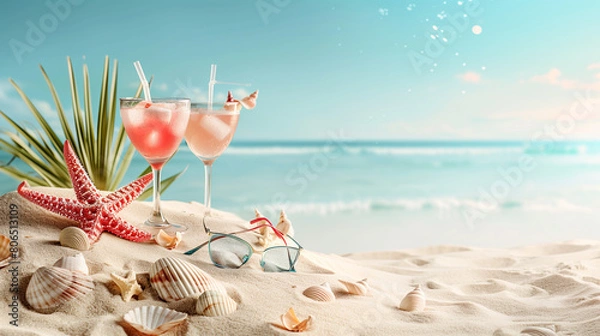 Obraz Sand dunes on seaside shells, sandals, sunglasses, cocktail, background, beach