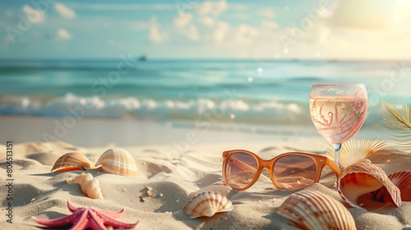 Obraz Sand dunes on seaside shells, sandals, sunglasses, cocktail, background, beach