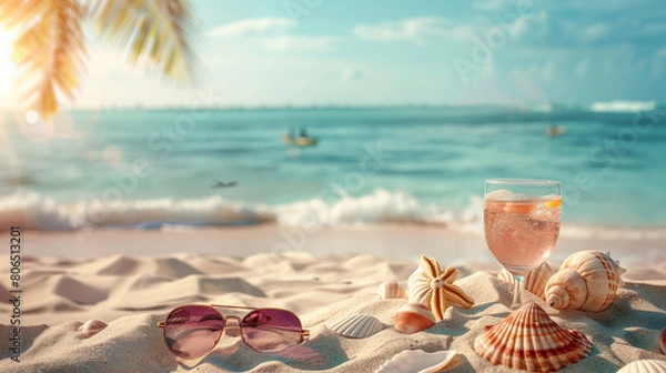 Obraz Sand dunes on seaside shells, sandals, sunglasses, cocktail, background, beach