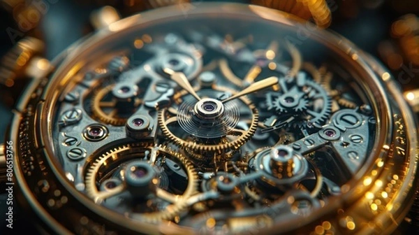 Fototapeta Detailed shot of a vintage watch mechanism, highlighting the complexity and precision of its gears and springs.