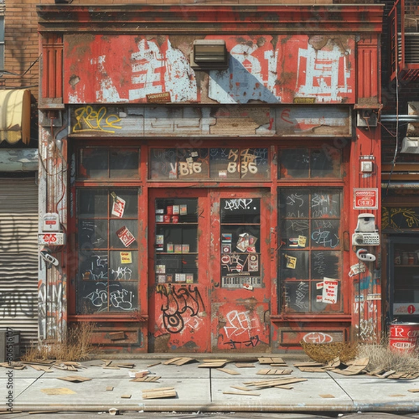 Obraz game texture sheet, front view, orthographic, new york store fronts, facades, boarded windows, broken windows, graffiti, realistic --ar 1:1 --stylize 750