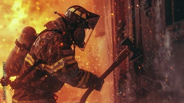 Fototapeta A firefighter wielding an axe to breach a door during a rescue operation, demonstrating strength and skill.
