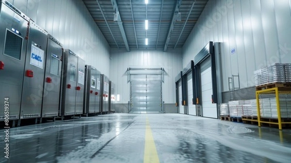 Fototapeta Interior of a modern meat freezing warehouse with state-of-the-art refrigeration systems, showcasing advancements in food preservation technology.