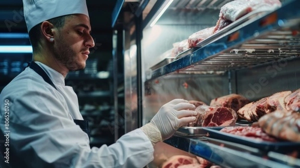 Fototapeta Butcher arranging trays of fresh meat cuts on racks inside a walk-in freezer, maintaining quality and hygiene standards.