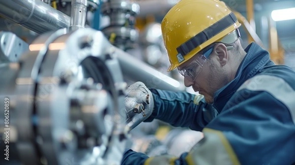 Obraz Close-up of a mechanical engineer performing non-destructive testing on boiler tubes, ensuring structural integrity in the power plant's steam generation system.