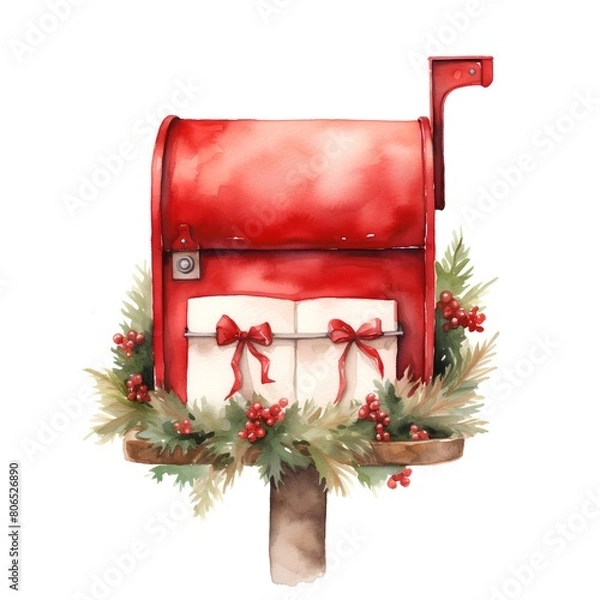 Fototapeta Watercolor christmas illustration. Hand drawn red mailbox with gifts.