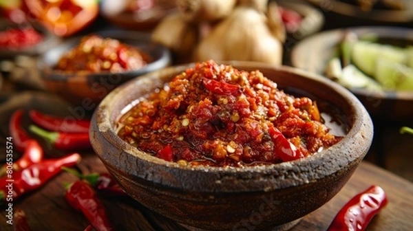 Fototapeta traditional Indonesian sambal terasi with cobek bowl