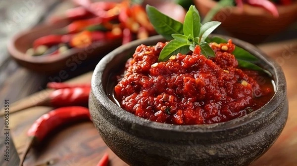 Fototapeta traditional Indonesian sambal terasi with cobek bowl