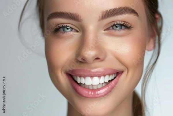Fototapeta Smiling woman showcasing her newly enhanced lips after receiving Botox injections, exuding satisfaction and beauty.
