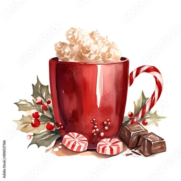 Fototapeta Cup of hot cocoa with popcorn and candy cane. Watercolor illustration