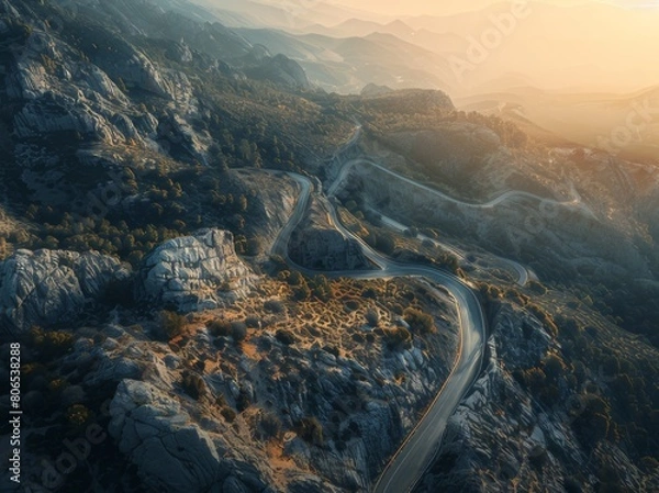 Fototapeta Aerial view of a winding mountain road in the French Alps, creating an abstract pattern with its curves and turns.
