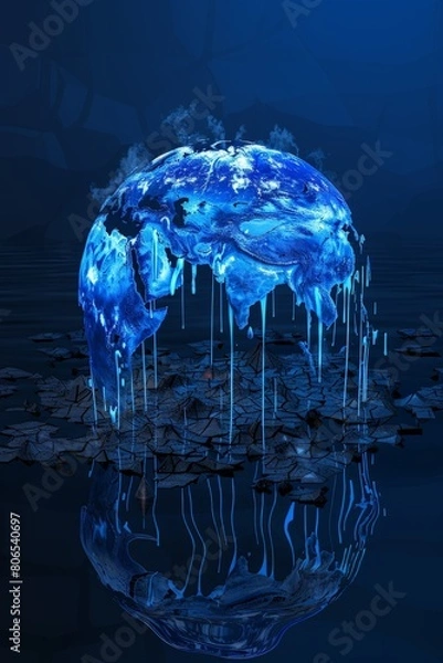 Fototapeta An artistic rendering of a melting Earth, with its oceans and landmasses dripping onto a reflective surface that shows a scorched landscape,