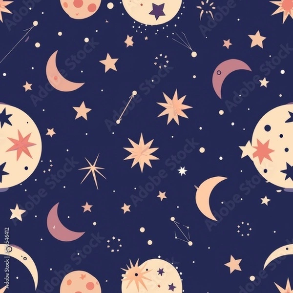 Fototapeta Seamless pattern of celestial motifs like moons, stars, and constellations, hand-drawn with intricate details and shimmering accents for a magical and enchanting wrapping paper, Generative AI