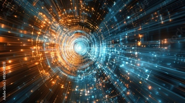 Fototapeta blue light curve line movement, abstract fast moving light neon, digital futuristic internet data speed background concept