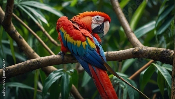 Fototapeta wallpaper background for desktop a Scarlet Macaw landed on a leafy tree branch