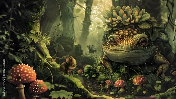 Fototapeta A frog with a flower on its head is surrounded by mushrooms and plants. The image has a whimsical and playful mood, with the frog looking down at the viewer as if it is curious about them