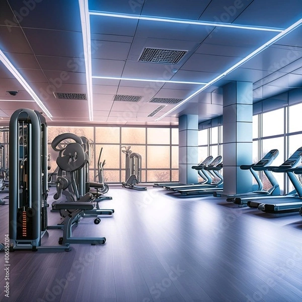 Fototapeta A stunning 3D render of a futuristic gym, filled with state-of-the-art equipment and sleek design elements