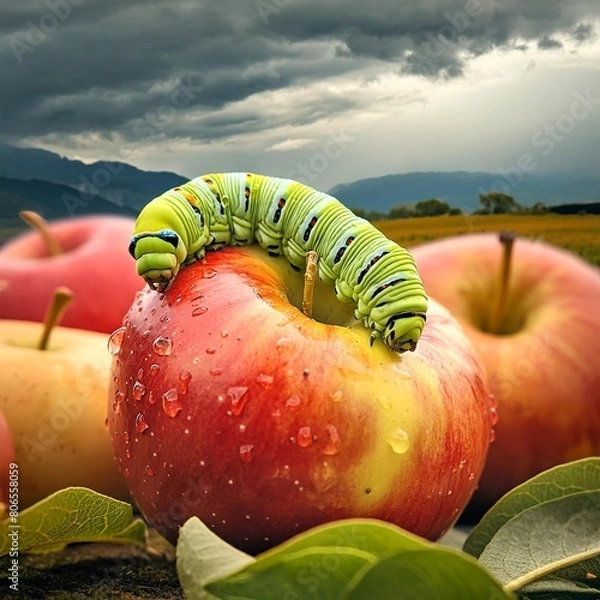 Fototapeta A captivating photograph of a vibrant green caterpillar munching on a red apple, surrounded by a handful of other eaten apples