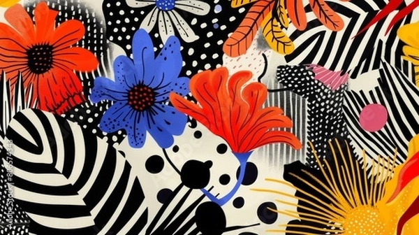Fototapeta A playful illustration bursting with a variety of patterns, from floral and prints to stripes and polka dots, all woven together in a chaotic yet harmonious way.
