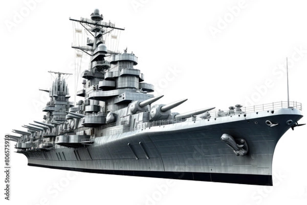 Fototapeta The Titan of the Seas: A Grand Warship Brimming With Lethal Arsenal on White or PNG Transparent Background.