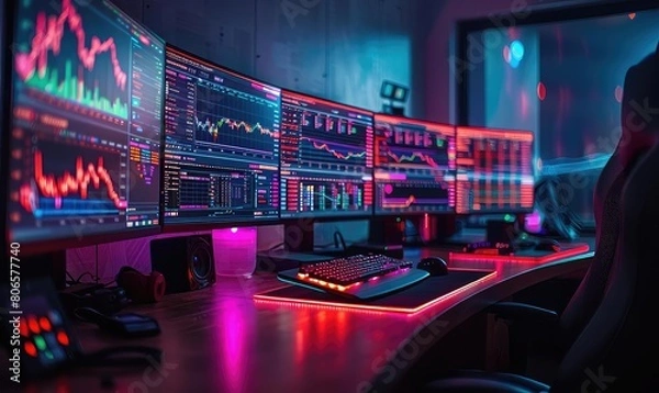 Fototapeta A professional trader sits at his desk, surrounded by multiple monitors displaying live stock market data