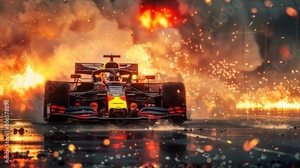 Fototapeta Close-up photograph of a Red Bull Formula 1 car against a dynamic, exploding background.