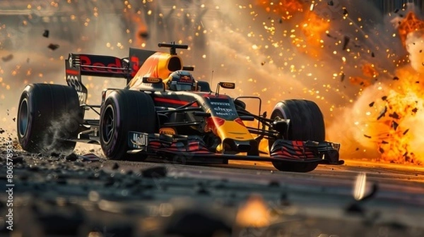 Fototapeta Close-up photograph of a Red Bull Formula 1 car against a dynamic, exploding background.