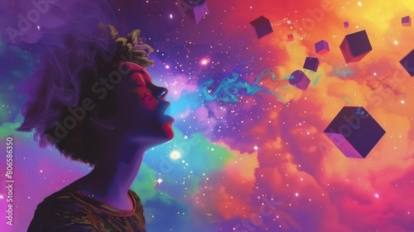 Fototapeta A graphic portrayal of a person doing breathwork, exhaling colorful mist into the air while surrounded by floating geometric shapes