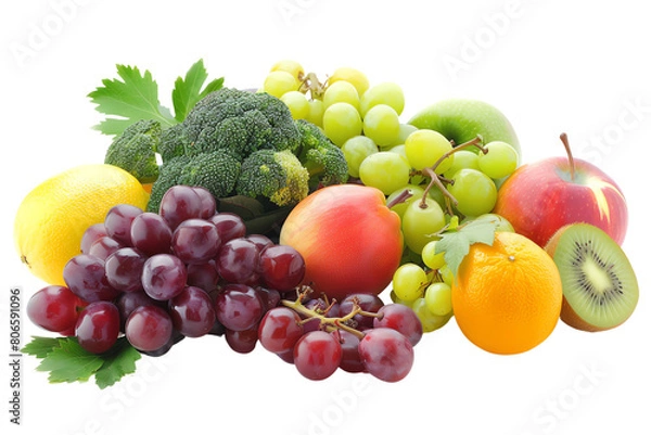 Fototapeta Colorful assortment of fresh fruits and vegetables arranged on an isolated white background