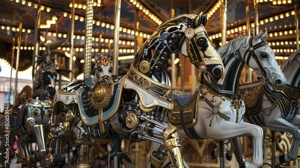 Fototapeta A steampunk carousel featuring intricately designed robot horses, each covered in brass and clockwork