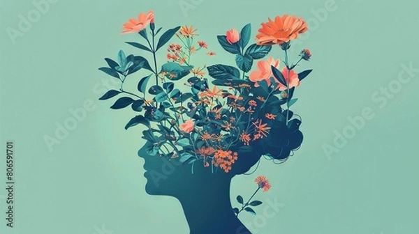 Fototapeta A surreal visualization of a person with plants and flowers growing out of their head, representing a flourishing mind