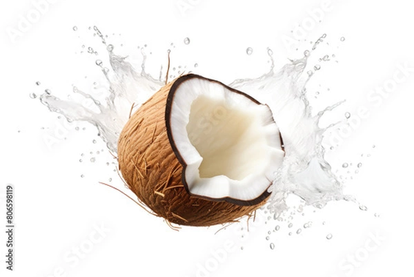 Fototapeta Milky Explosion: A Coconuts Delight on White or PNG Transparent Background.