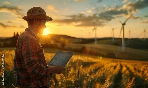 Fototapeta A wind energy technician with a digital tablet conducts maintenance checks on wind turbines amidst a scenic green landscape.