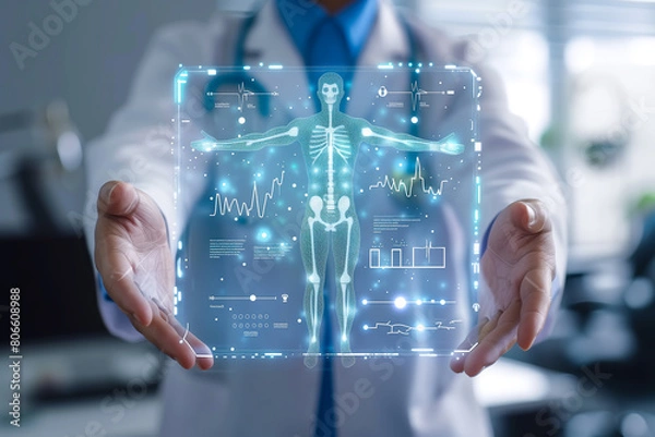 Fototapeta A doctor carefully examines a virtual x-ray projection with focused attention. The integration of advanced technology in medical diagnostics. Generative AI.