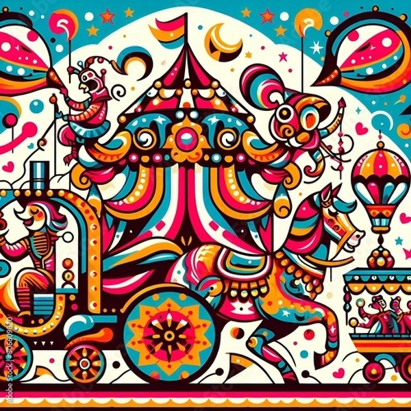 Fototapeta pattern with flowers, pattern, a vibrant and playful depiction of a carnival or circus scene.