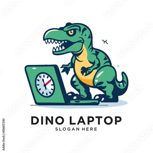 Fototapeta dinosaur with laptop working logo design vector illustration
