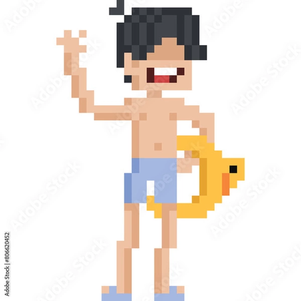Fototapeta Pixel art cartoon man in swimming trunk character with duck swimring