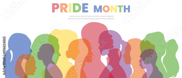 Fototapeta Pride Month banner.Silhouettes of people standing side by side together.Vector illustration.