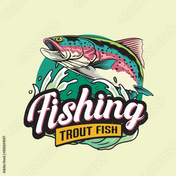 Fototapeta Vector Illustration of Rainbow Trout Fish and Waves with Vintage Illustration Available for Fishing Badge