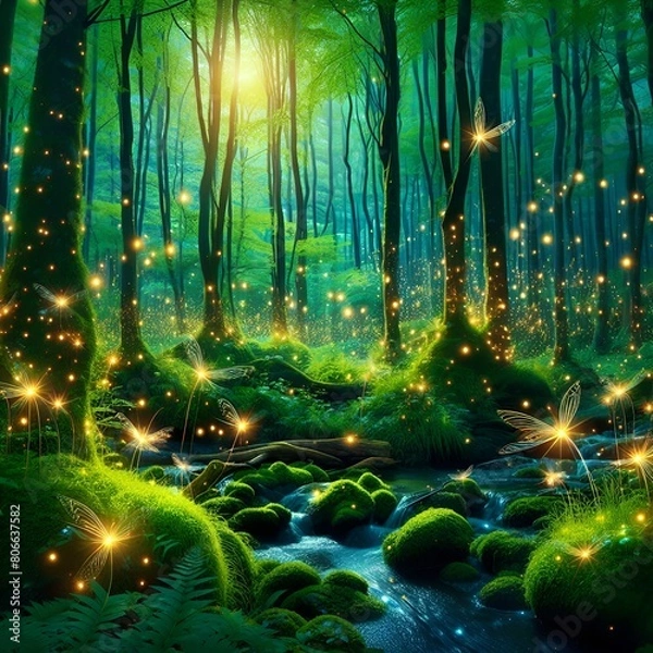 Fototapeta green forest in night, forest in night, a magical and enchanting forest with fireflies and sparkles.