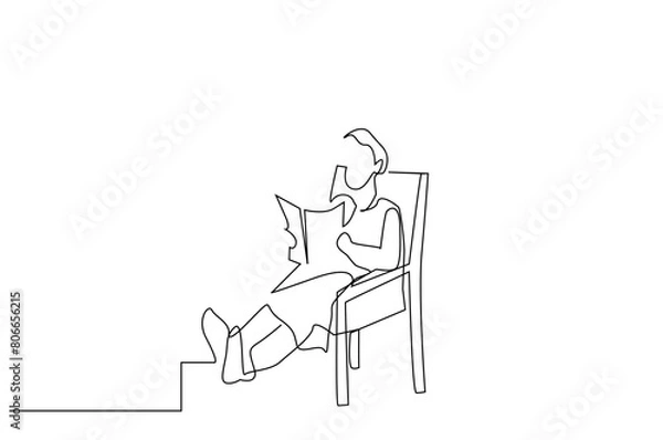 Fototapeta old woman home relax armchair reading a book one line art design vector
