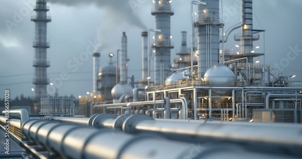 Fototapeta a sprawling industrial refinery under twilight, showcasing the intricate network of pipes and towers.