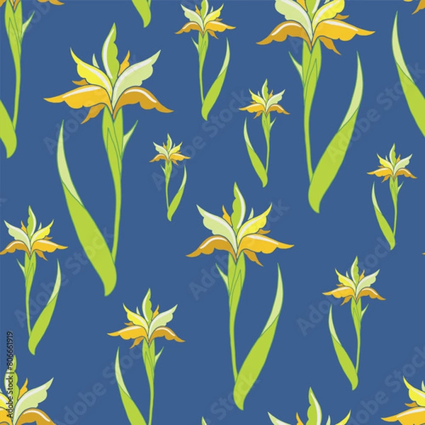 Fototapeta Vector blue seamless pattern background: Iris In Spring.