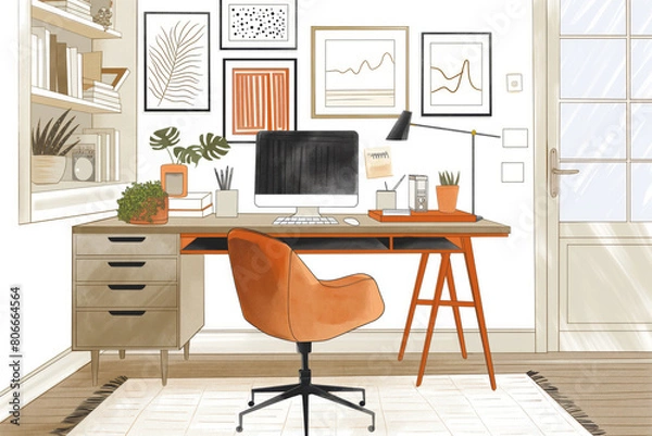 Fototapeta Illustration of a stylish home office with trendy furniture and wall art