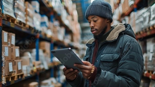 Fototapeta Warehouse worker scanning barcodes on boxes, using a digital tablet in a busy logistics hub