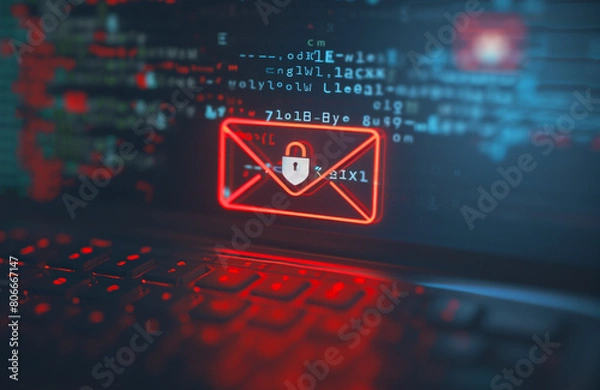 Fototapeta Secure Email Encryption Technology Concept. A digital depiction of an encrypted email icon with a lock, symbolizing secure and private online communication.