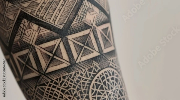 Obraz Vibrant geometric tattoo close-up, featuring intricate interlocking triangles and circles, each line and shape telling a personal story, against a neutral backdrop